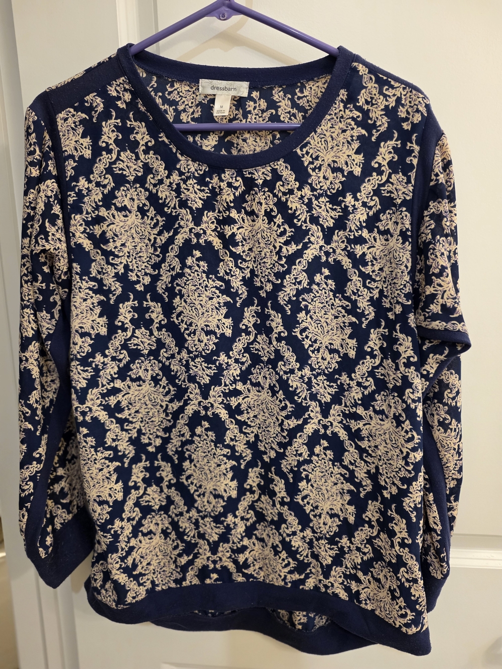 dressbarn Navy and Cream Baroque Blousr